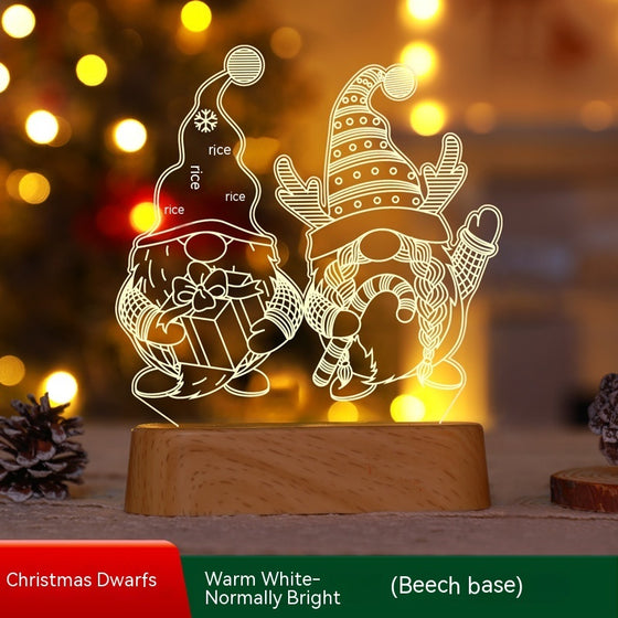 Christmas gnomes 3D acrylic LED night light, warm white, beech wood-grain base