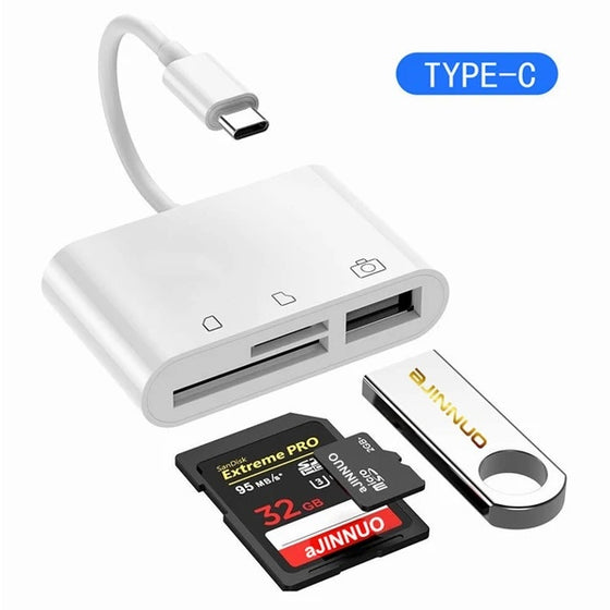 USB-C card reader with an SD card and a USB flash drive