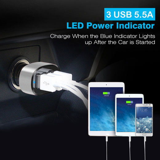 Car charger showing three USB ports