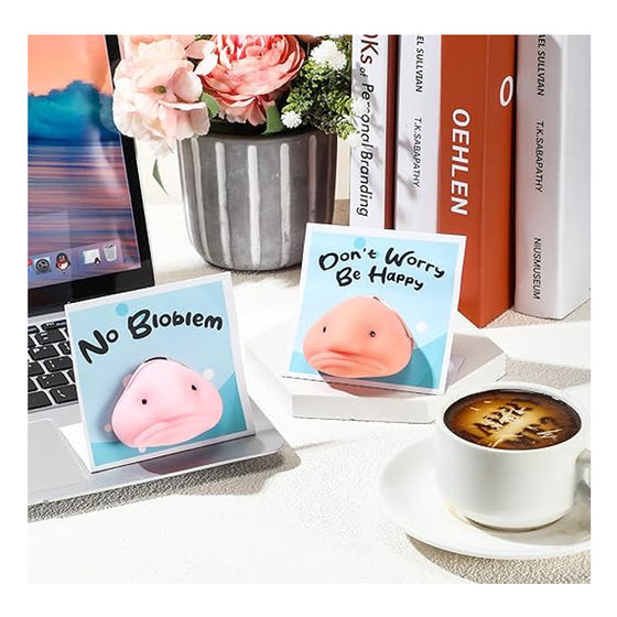 Blobfish squishy toys on No Problem and Don't Worry Be Happy stand-up cards