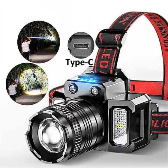 Headlamp with USB-C port, with flood and spot beam examples
