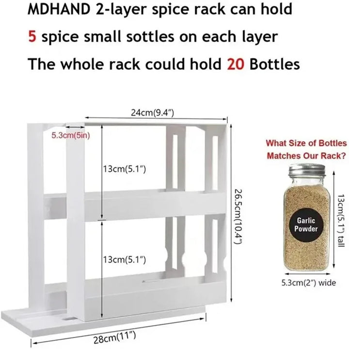 Hand spinning the rack to reach a jar at the back