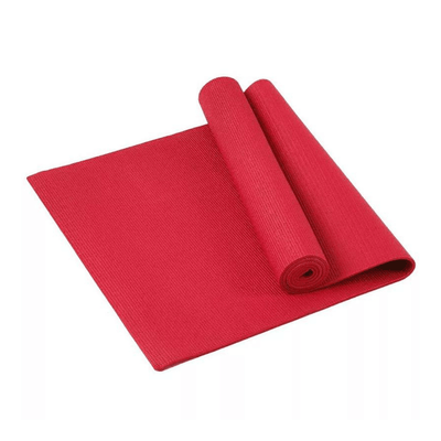 non-slip yoga mat in red rolled with carrying strap