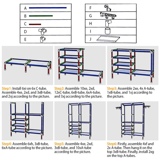 Metal clothing rack with folded items on lower shelves