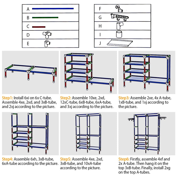 Metal clothing rack with folded items on lower shelves