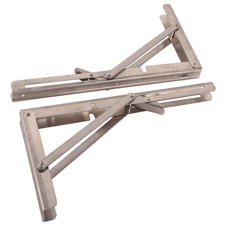 Folding shelf bracket holding a wooden shelf