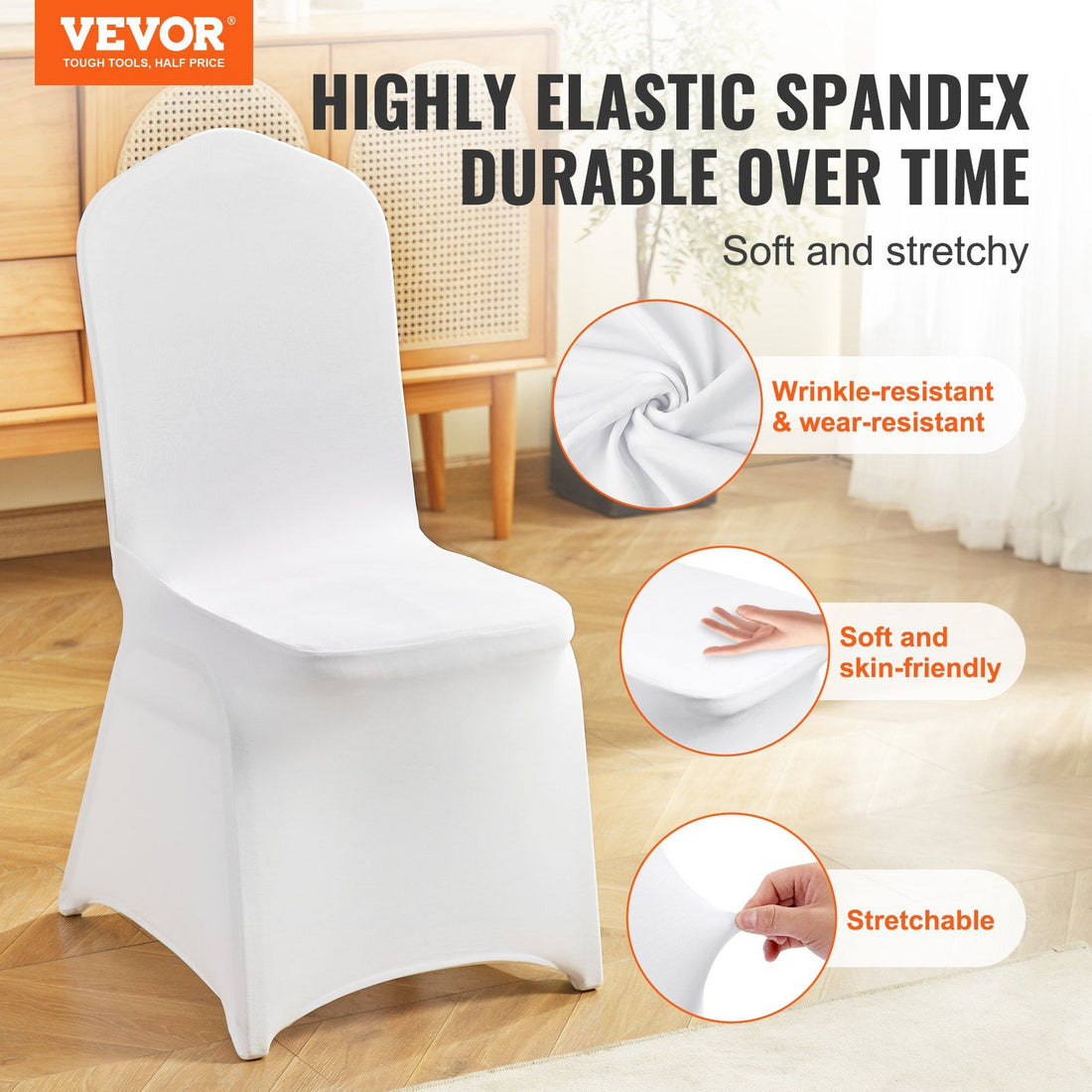 100-pack white stretch spandex chair covers for folding chairs at wedding banquet - close-up detail