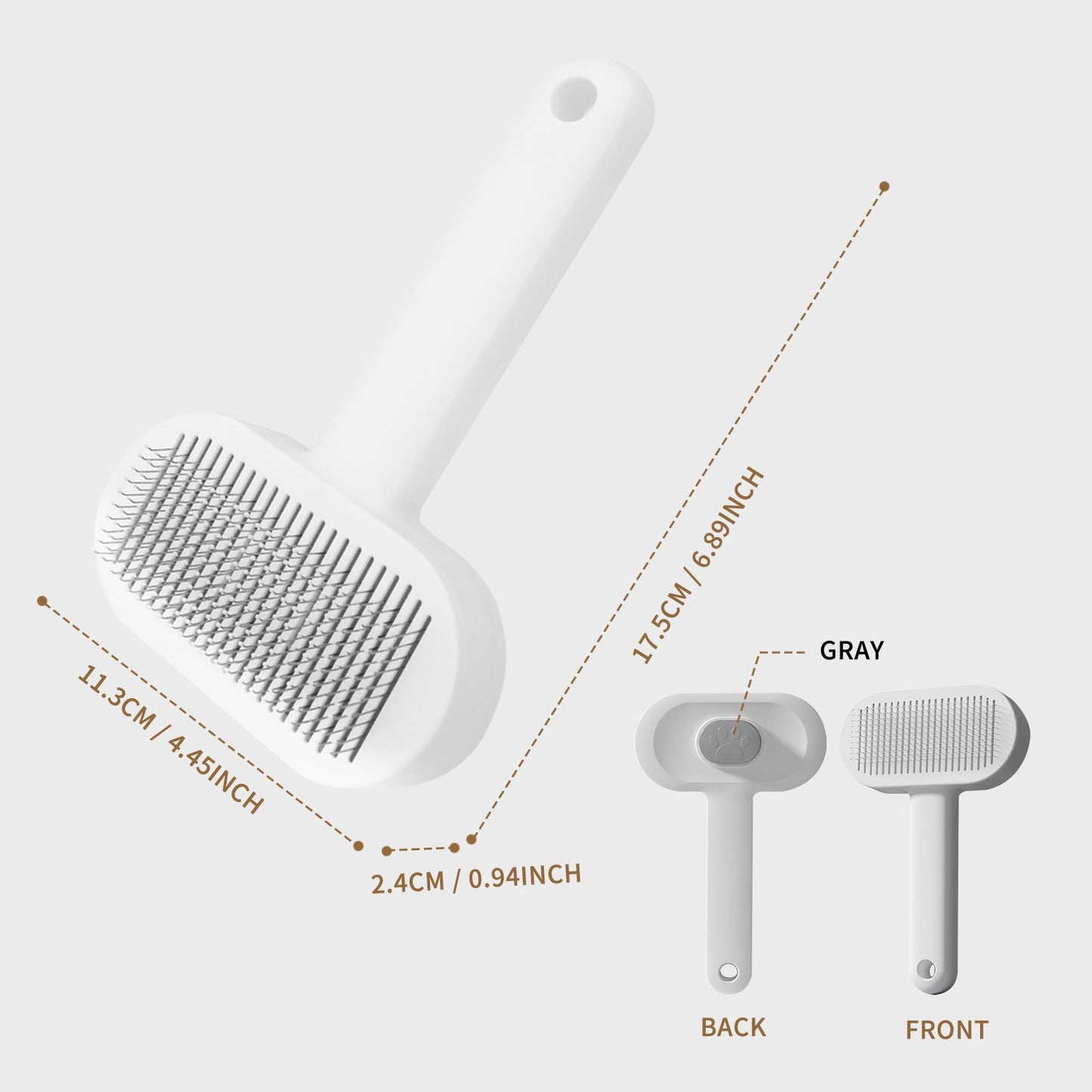 Pet grooming brush self-cleaning button view