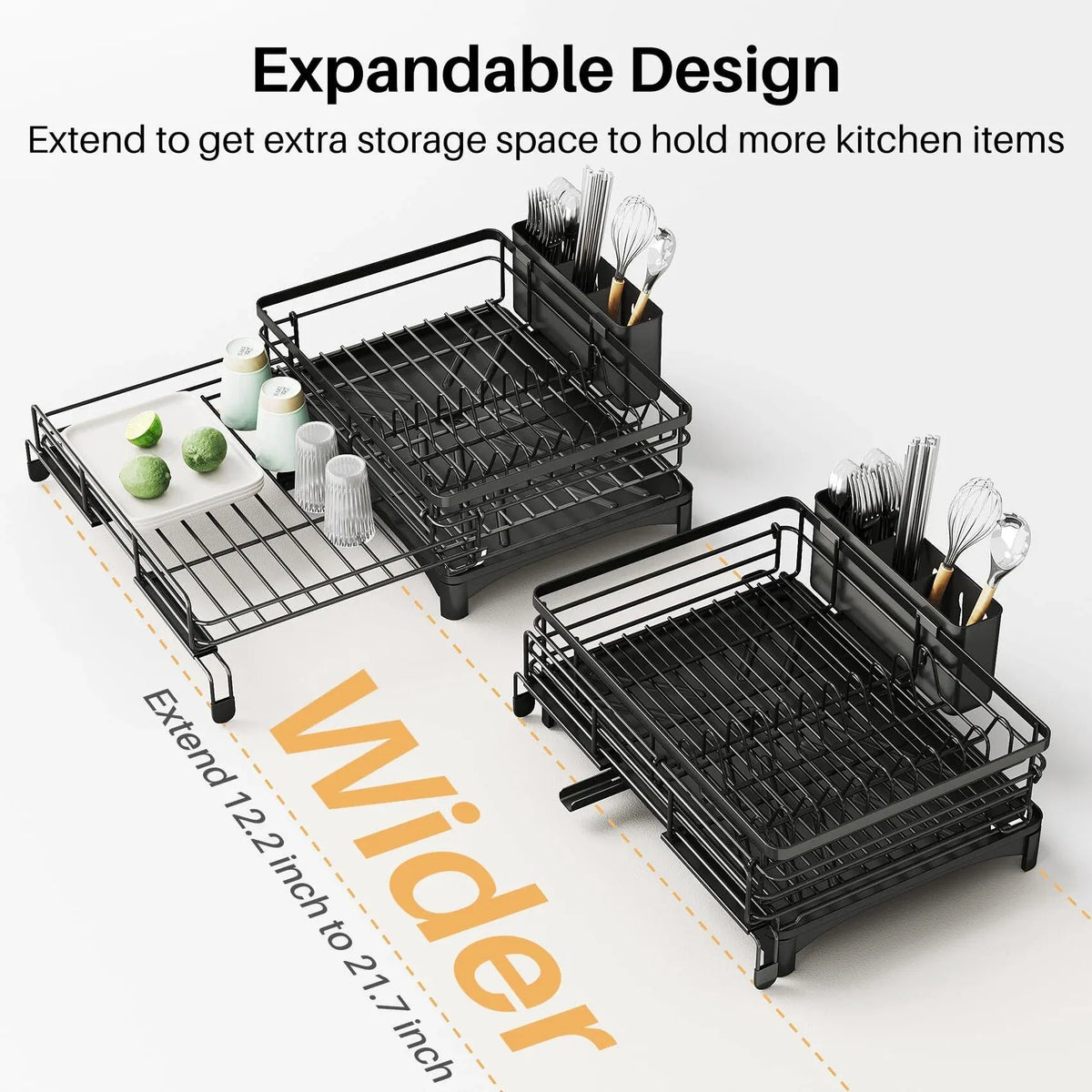 Dish drying rack expandable width adjustment