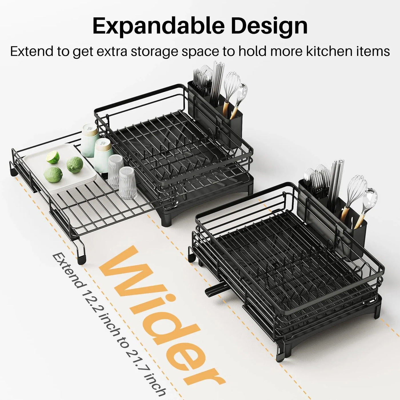 Dish drying rack expandable width adjustment