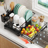 Expandable stainless steel dish drying rack on counter