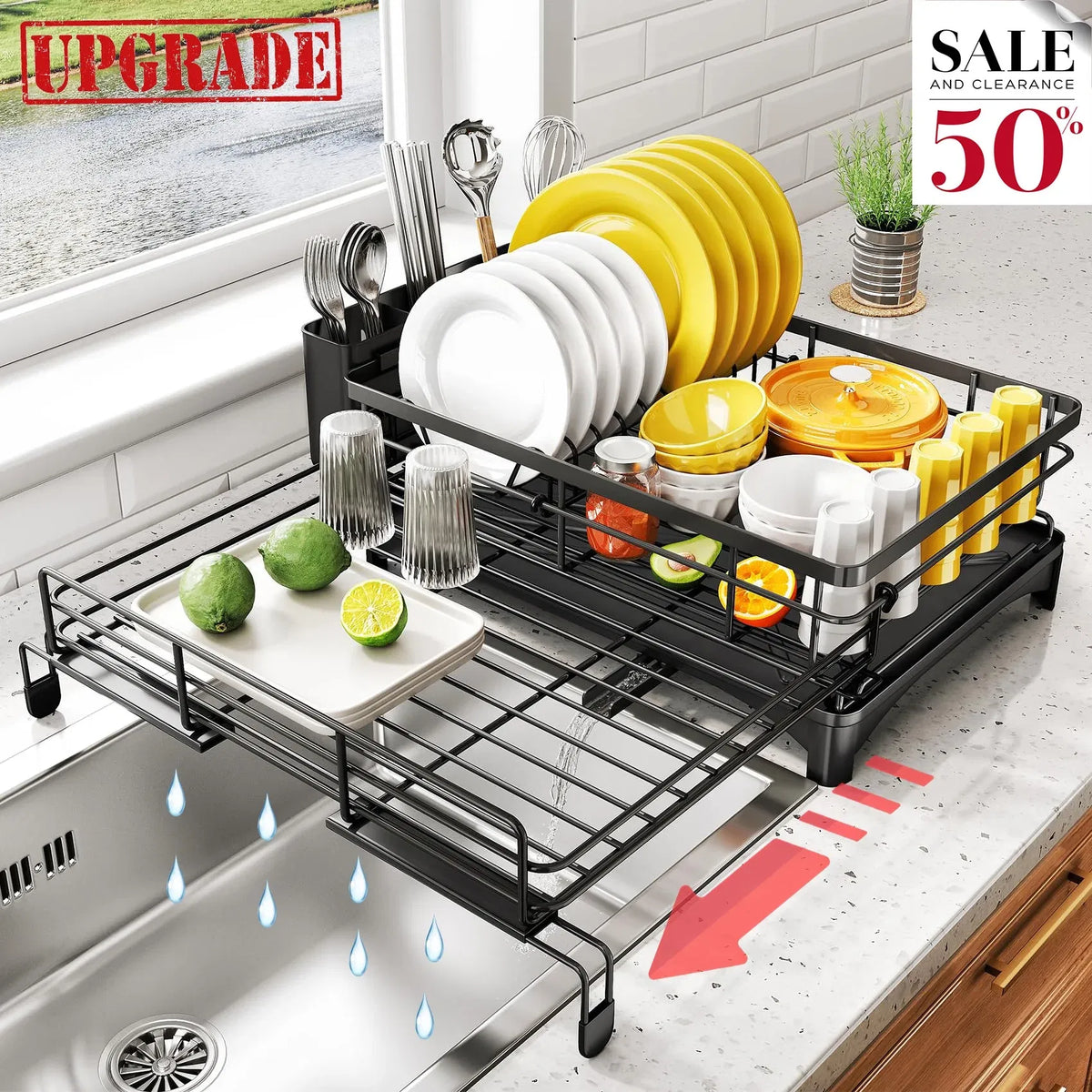 Stainless steel dish rack expanded next to sink