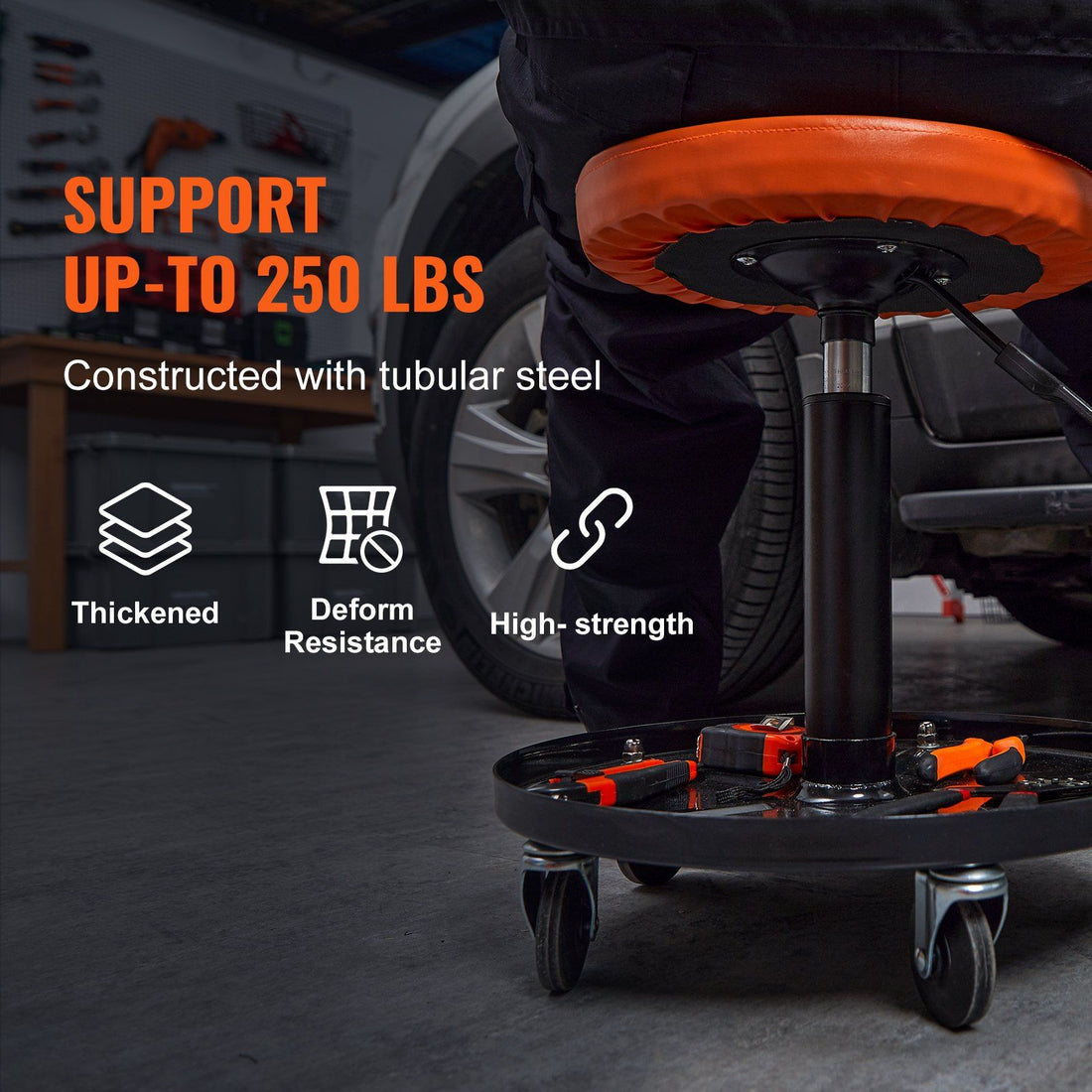 Swivel casters close-up on the rolling creeper seat