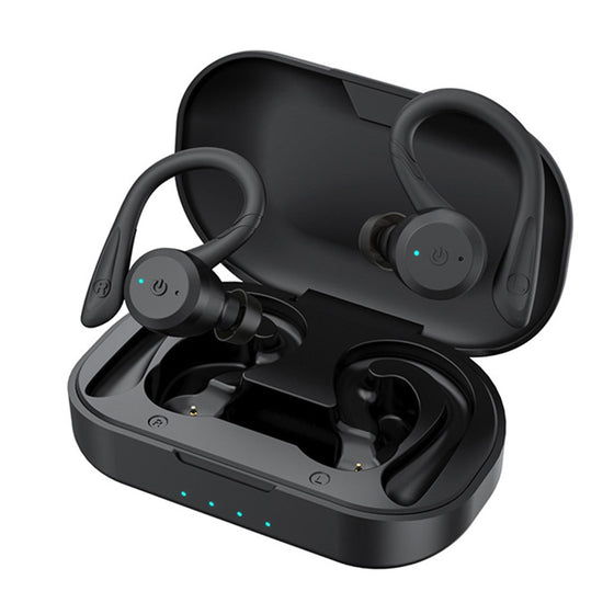 Black earhook wireless earbuds in an open charging case