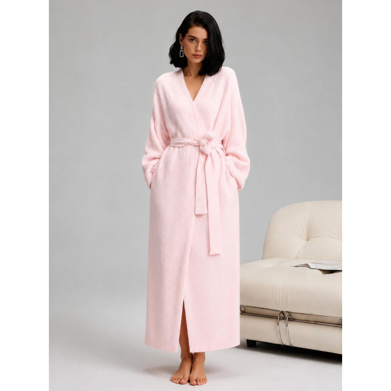Extra-thick half-sided fleece bathrobe with belt, open front, photo 4