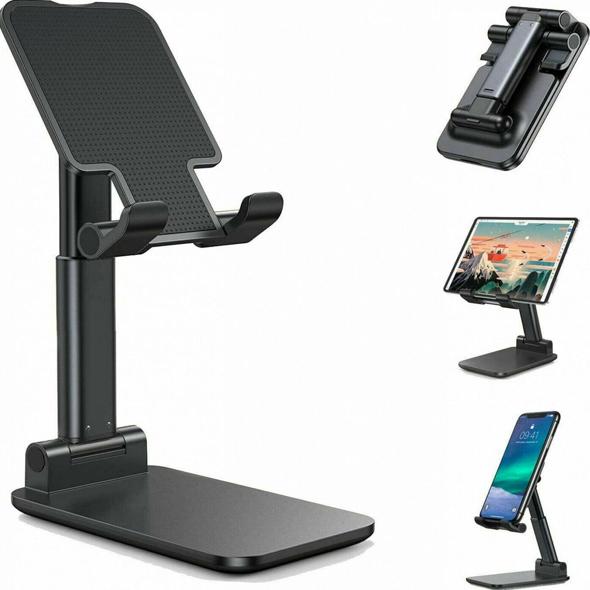 Black foldable phone and tablet desk stand on workspace