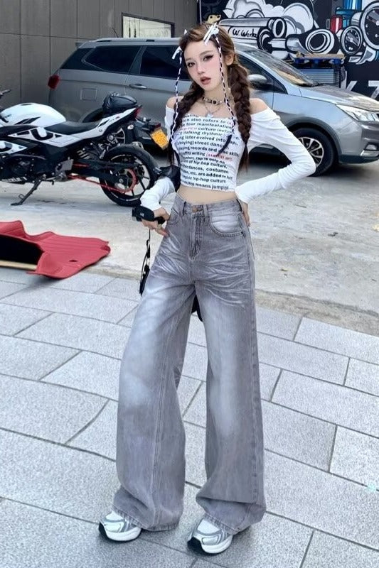 American Retro Loose Fit Wide Leg Denim Pants for Women
