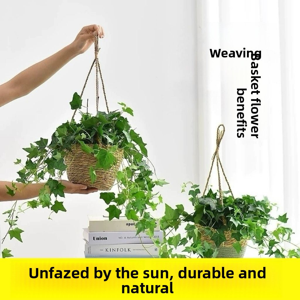 Hand-woven natural vine hanging planter basket with green plants, photo 1
