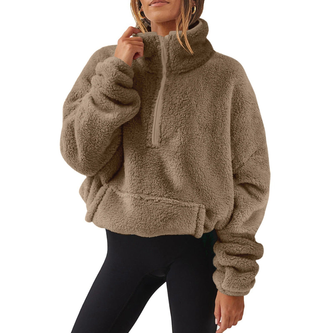 Womens Plush Fleece Half Zip Stand Up Collar Sweatshirt