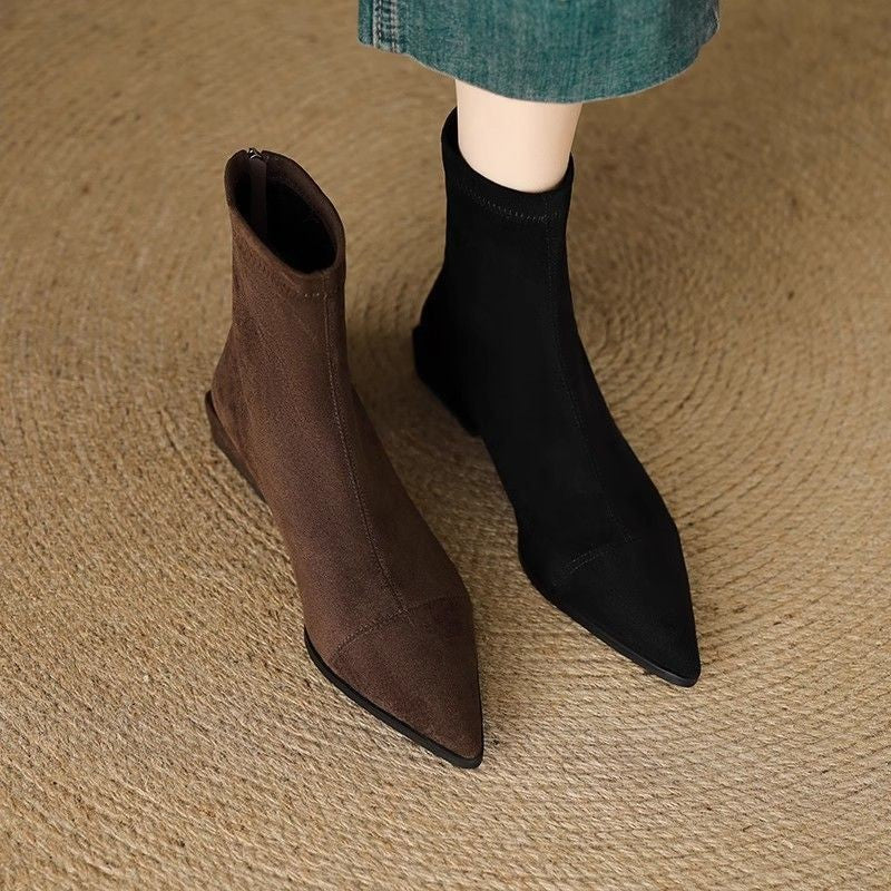 Flat French Point Toe Boots Thick Heeled