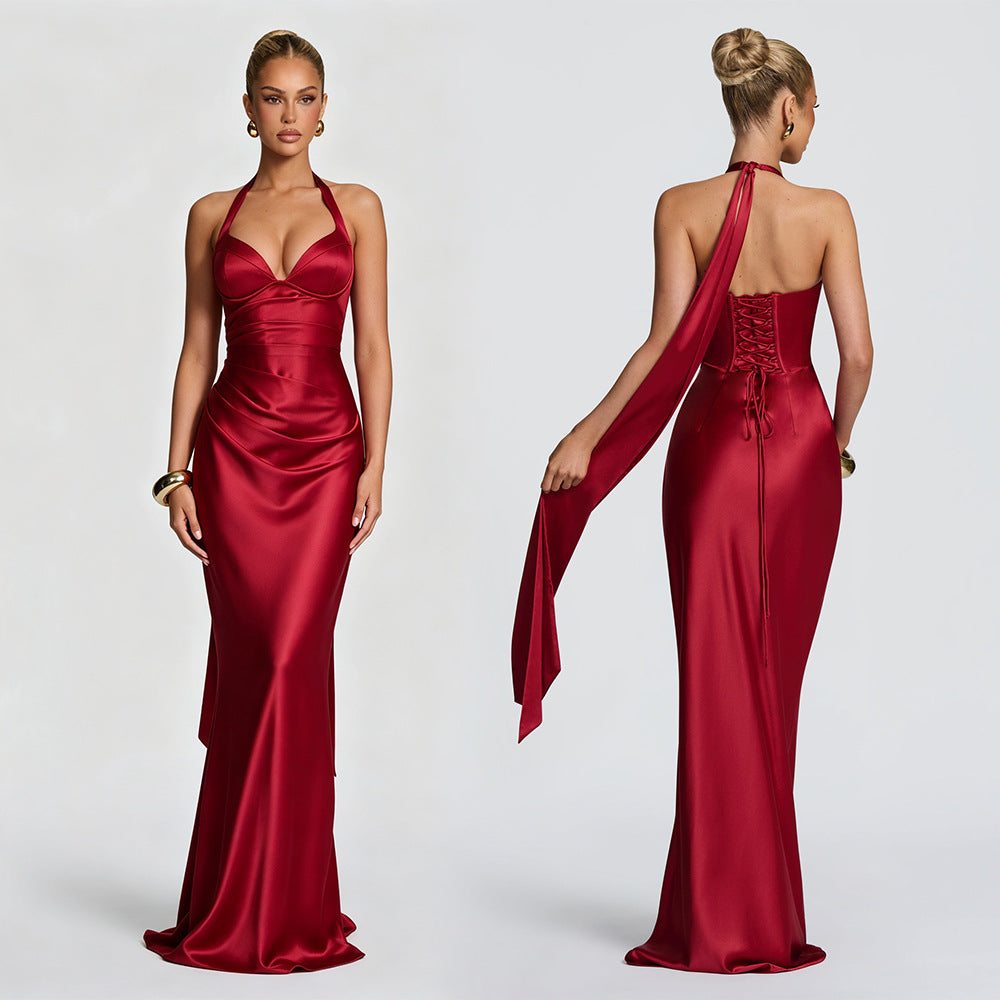 Women's halter satin fishtail long dress with deep V-neck and tie back, photo 1