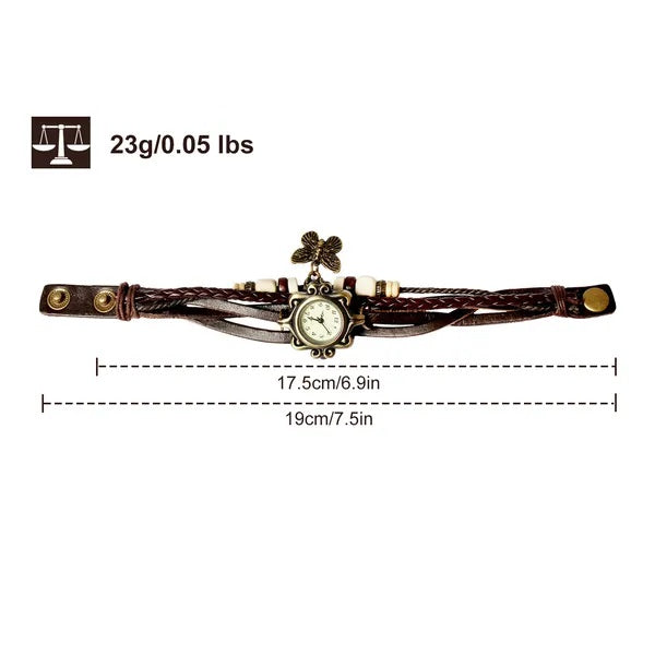 Bohemian watch laid flat with length measurements and 23 g weight
