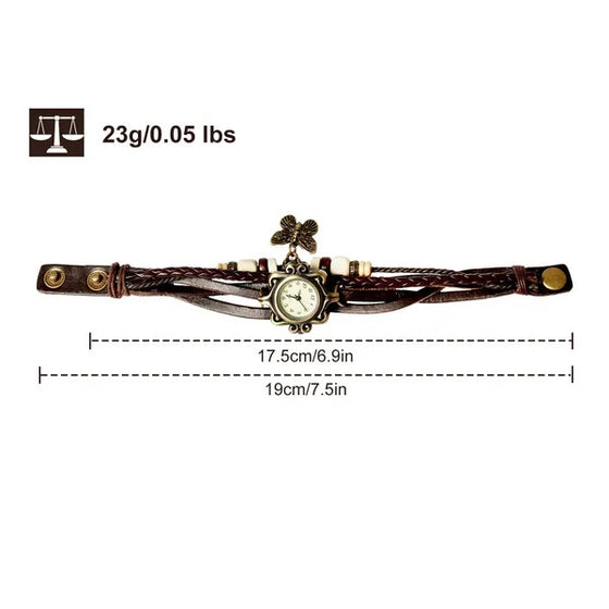 Bohemian watch laid flat with length measurements and 23 g weight