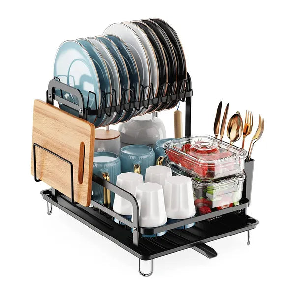 Dish drying rack overall view with two tiers and drainboard