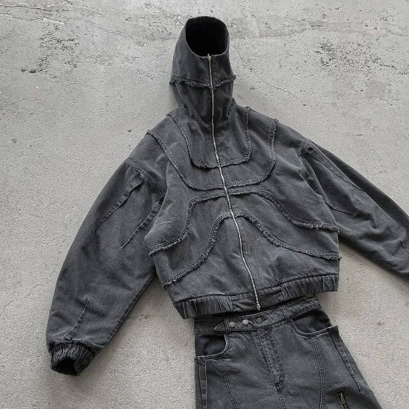 Black washed denim jacket with double zipper and flared oversized cut, photo 4