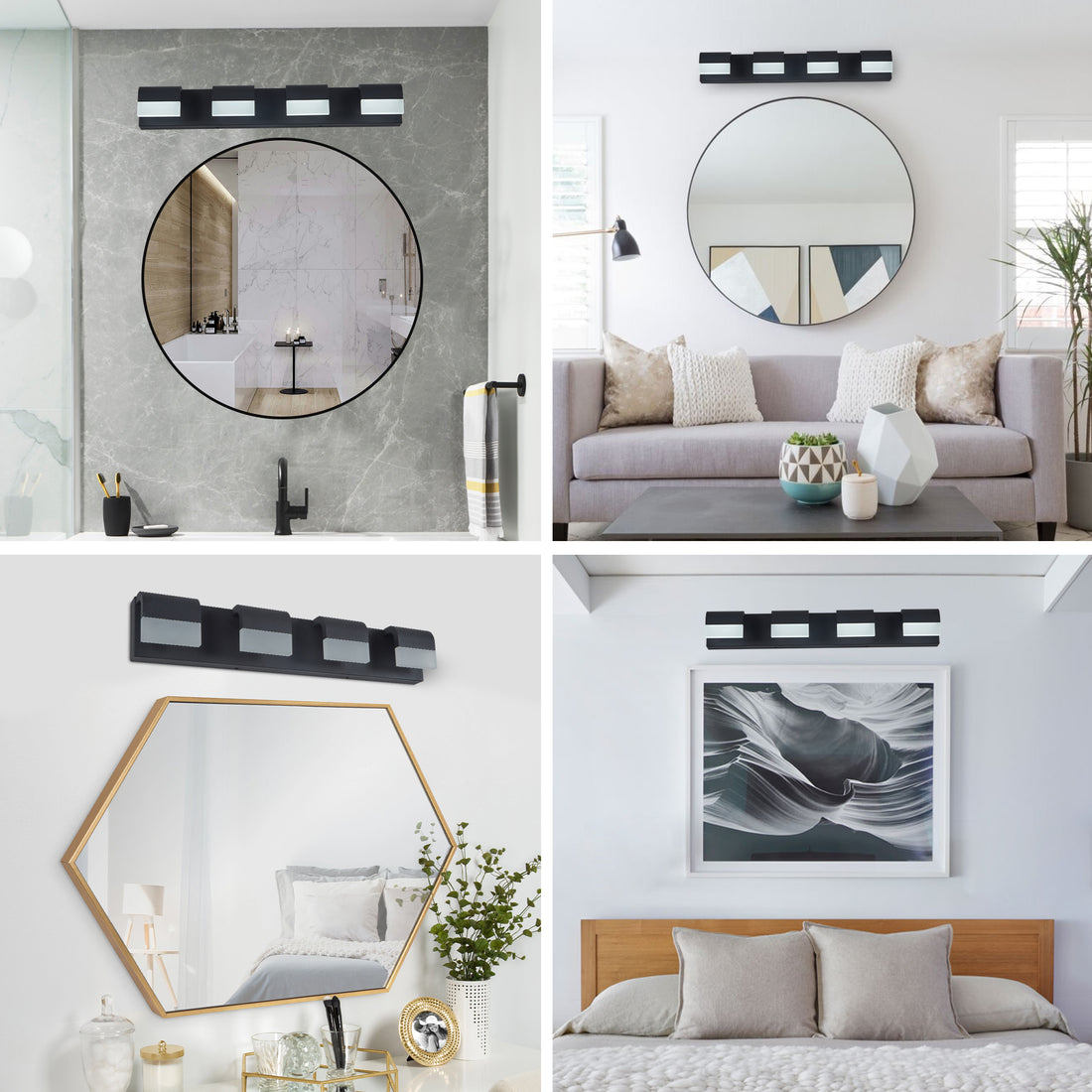 Vanity light fixture close-up showing matte black hardware