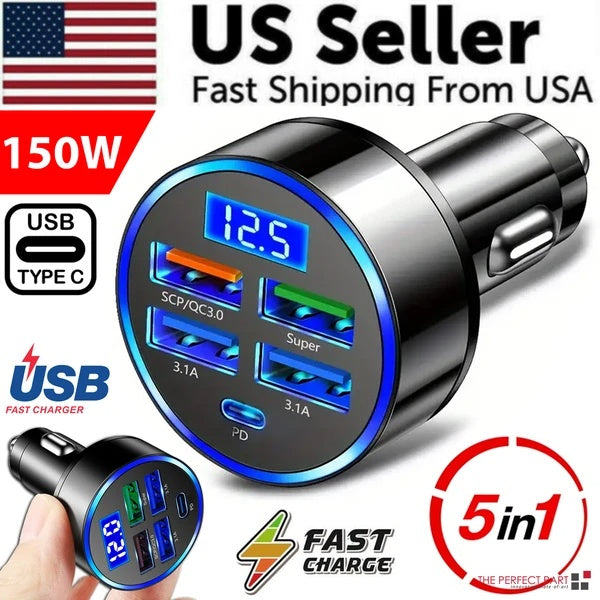 Black 5-port car charger with blue display and seller banner