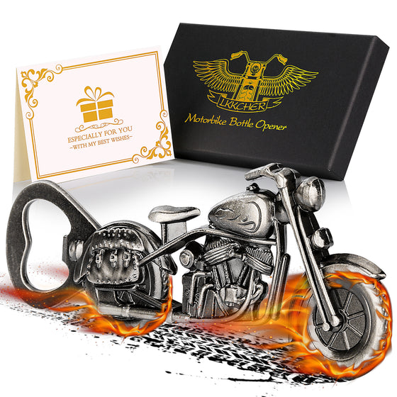 Dark silver motorcycle bottle opener with gift box and greeting card