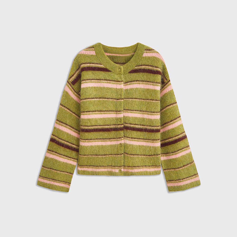 Women's green striped color-block knit cardigan, photo 8