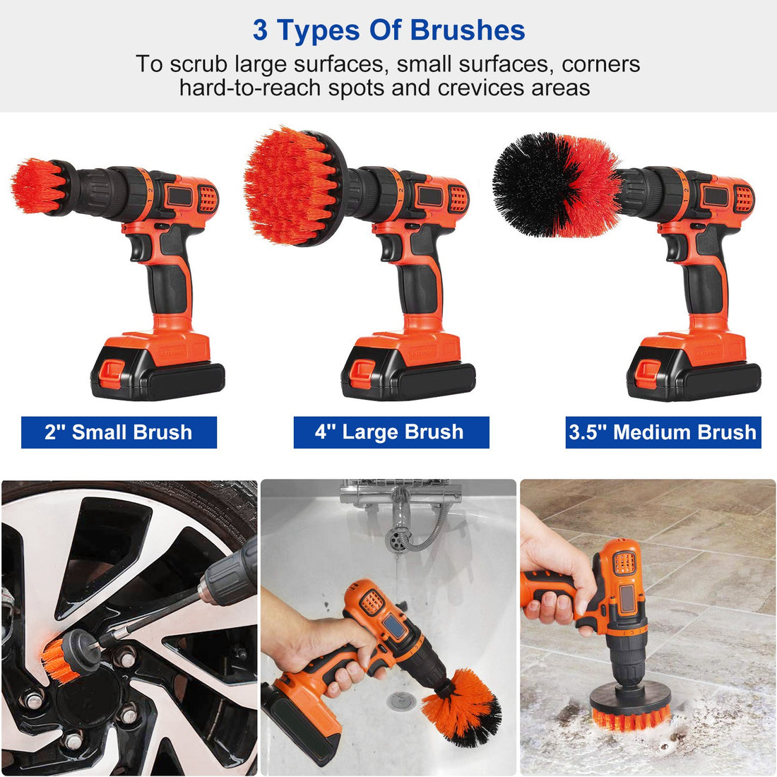 Three brush types shown on a drill, red set