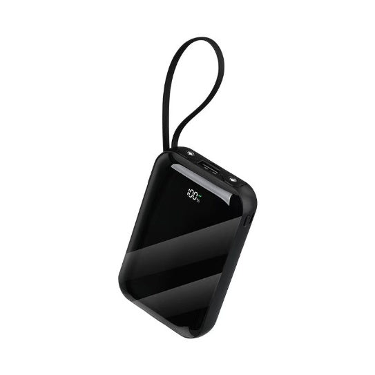 Black portable power bank with LED display and wrist strap
