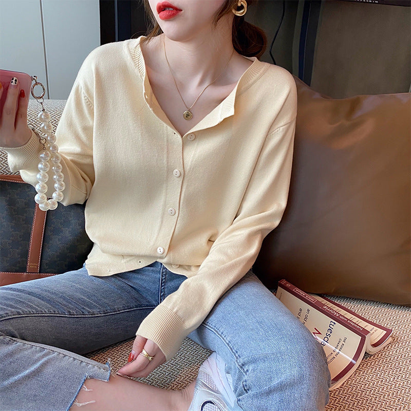 Women's long sleeve solid color knit cardigan with buttons, photo 7