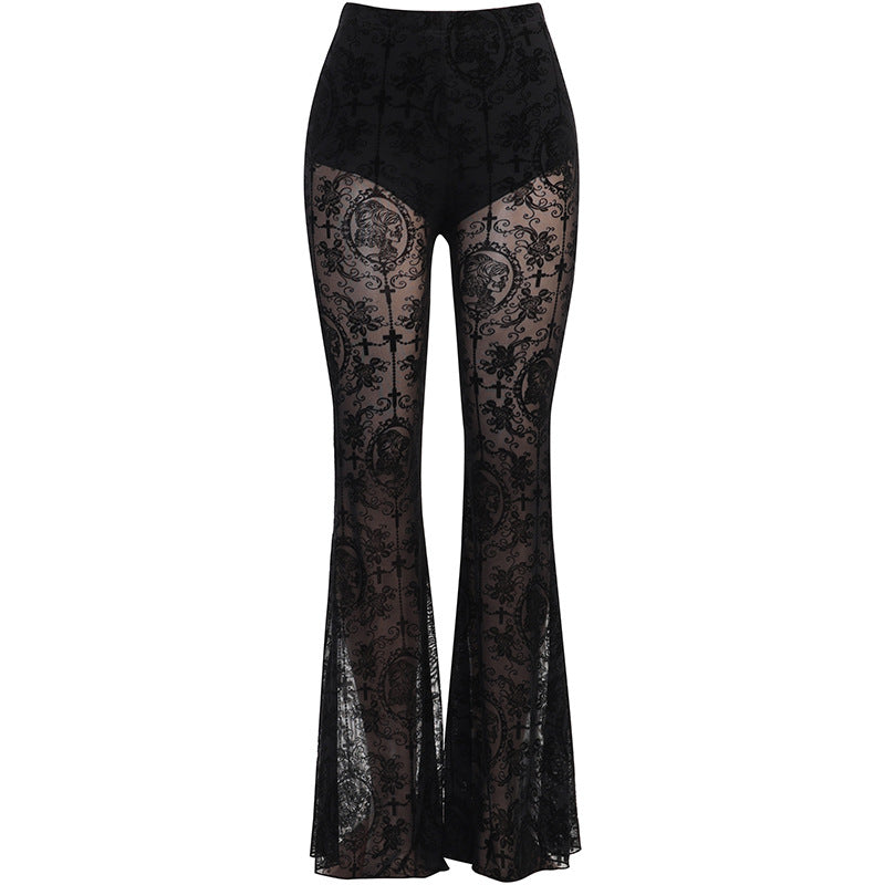 Women's Dark Lace See-Through Gothic High-Waist Slim Fit Flared Long Pants