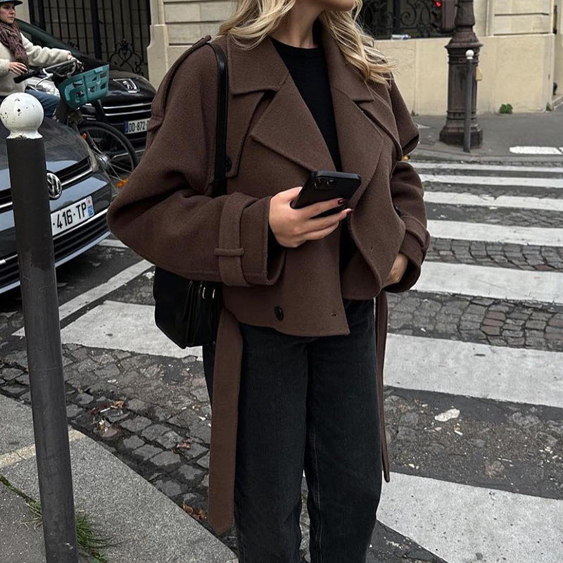 Women's dark brown cropped suit collar coat with lace-up detail, photo 8
