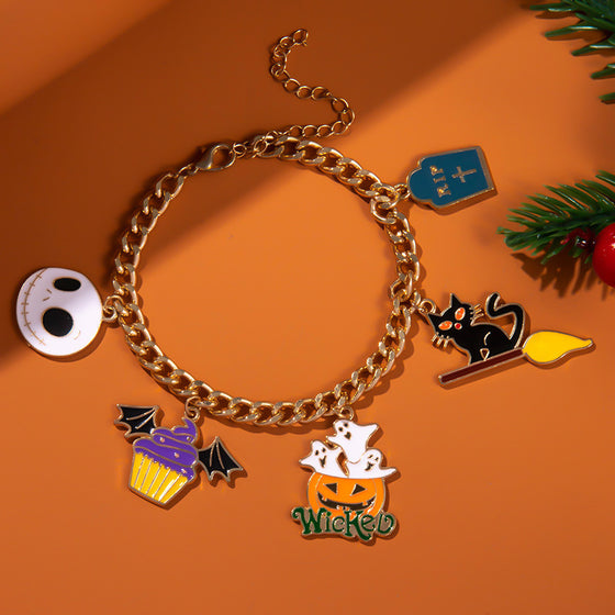 Halloween themed bracelet with pumpkin head, ghost wizard hat, festive ornaments
