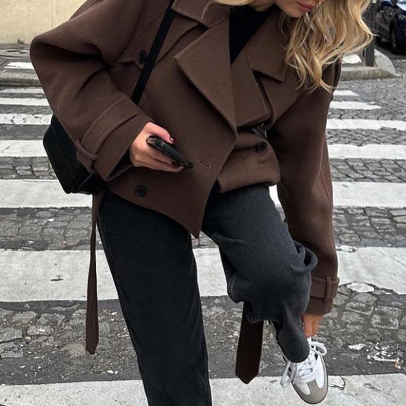 Women's dark brown cropped suit collar coat with lace-up detail, photo 3