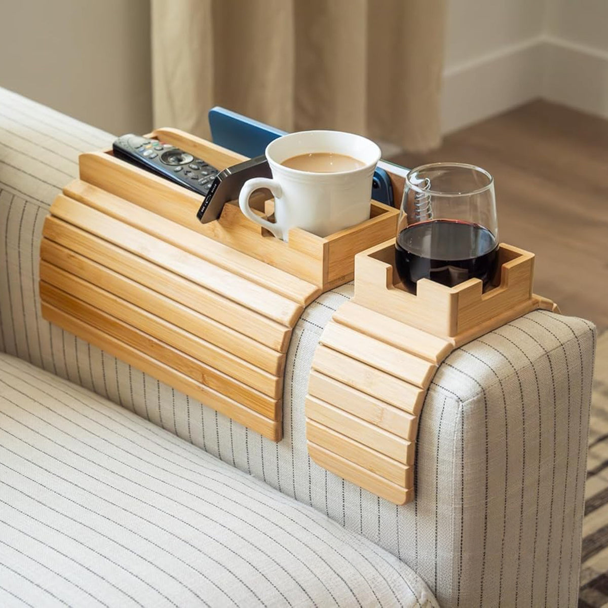 Bamboo sofa cup holder tray