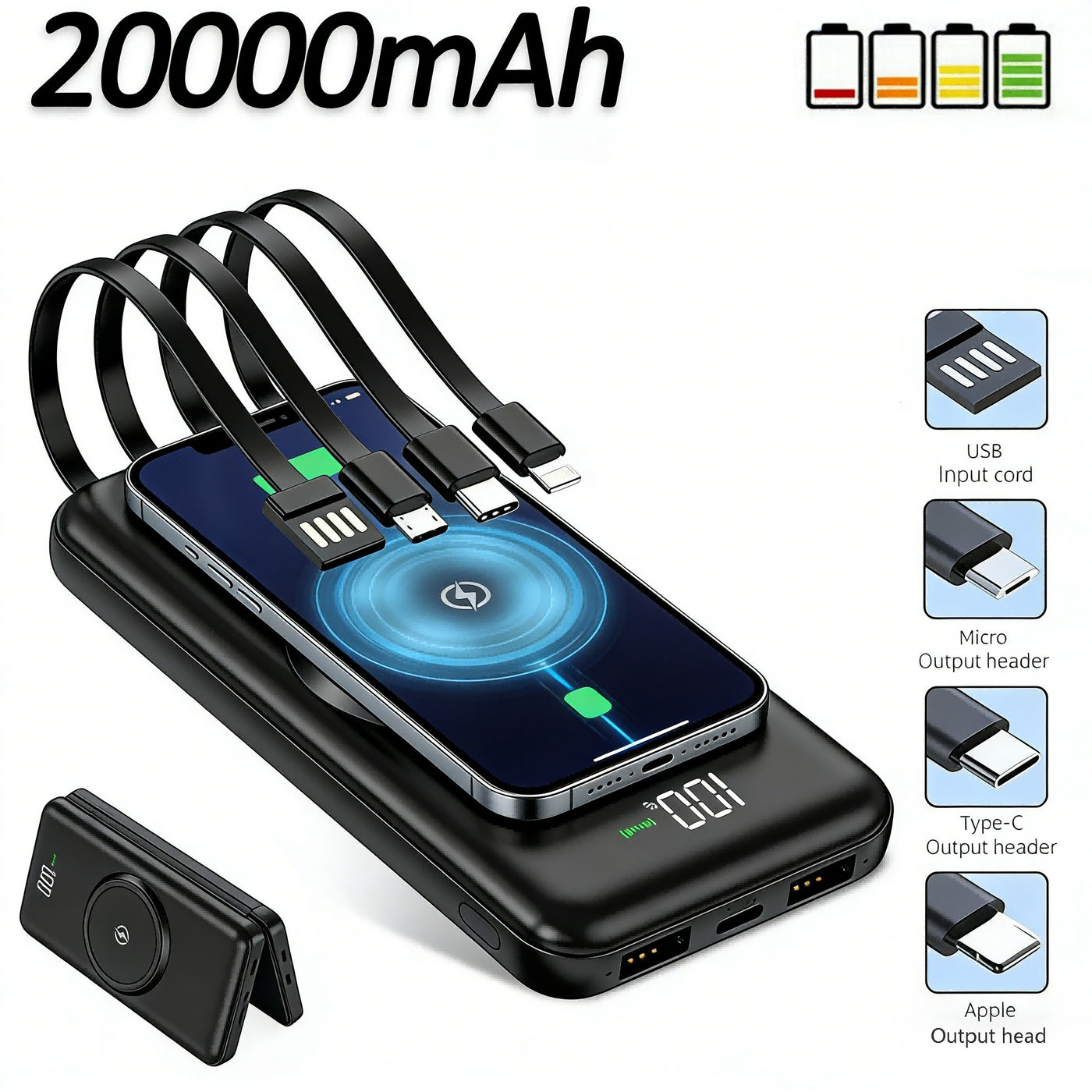 20000mAh power bank front view with 5 USB ports
