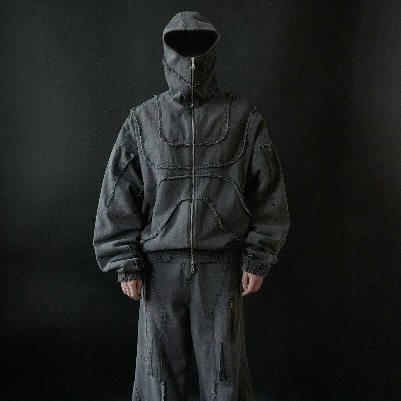 Black washed denim jacket with double zipper and flared oversized cut, photo 1
