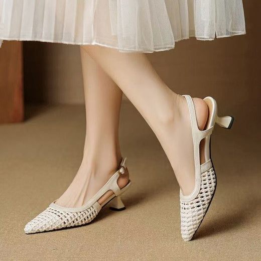 Super Leather French-style pointed-toe hollow-woven platform high heels product image 3