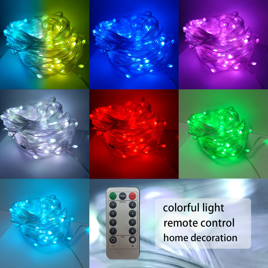 Collage of multicolor Christmas tree light modes with remote control