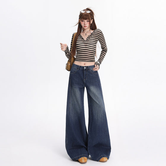 Women's Retro Blue Bamboo Pattern Straight-Leg Floor-Length Jeans