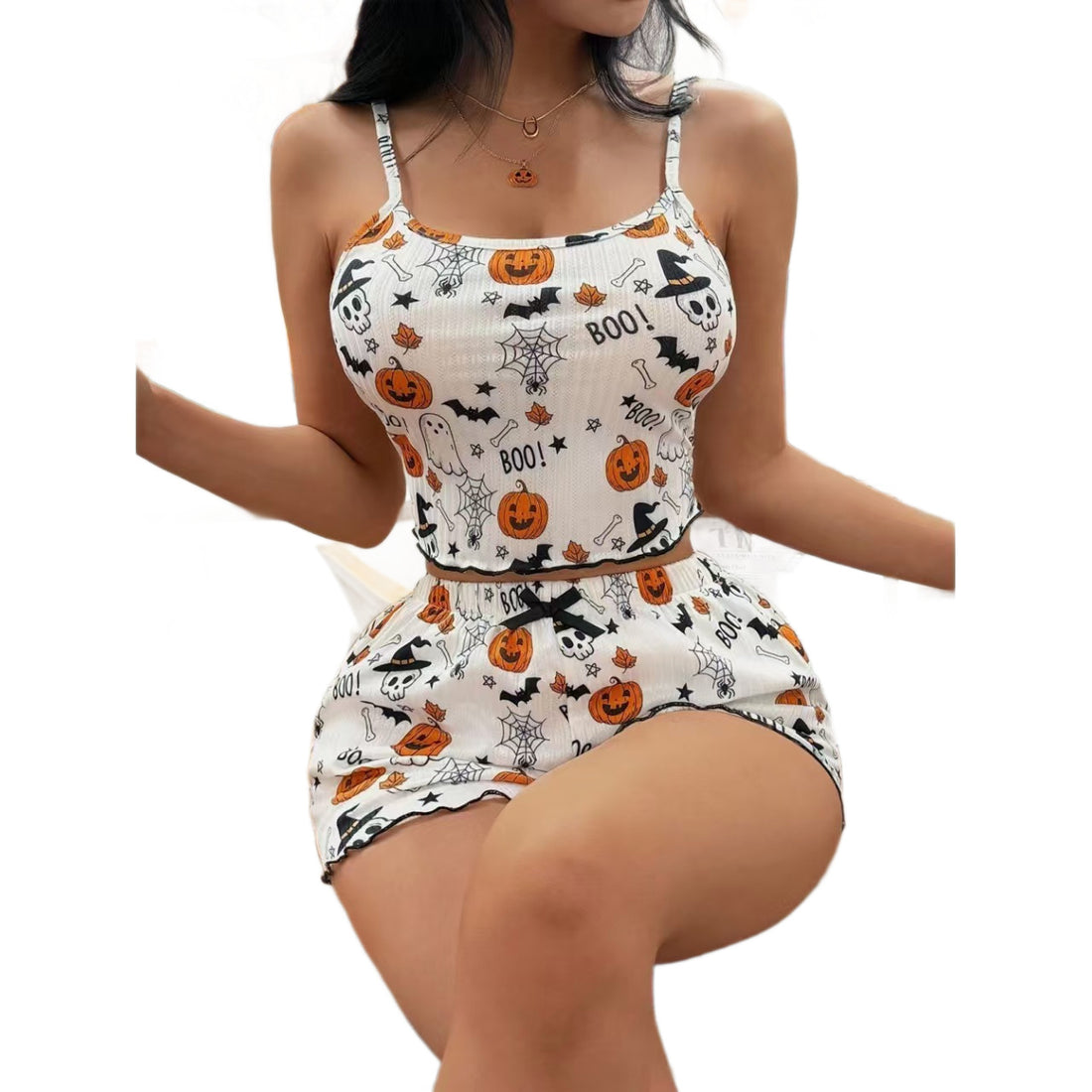 Pumpkin Print Bow Suspender Shorts Homewear Set