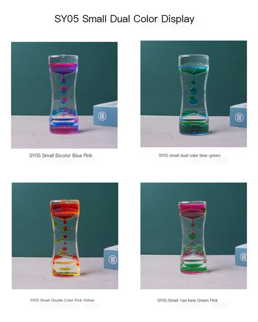 Liquid hourglass timer close-up of liquid colors