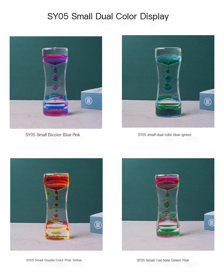 Liquid hourglass timer close-up of liquid colors