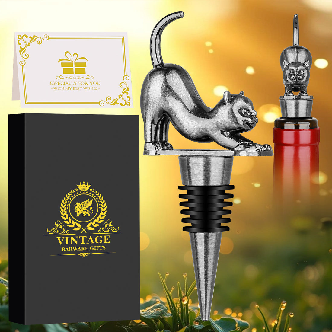 Silver cat wine bottle stopper in a red wine bottle with black gift box and card